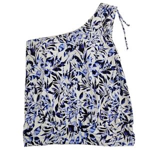 Swimsuits For All One Shoulder Blouson Tankini Top Blue Leaf Print Size 14 NWT